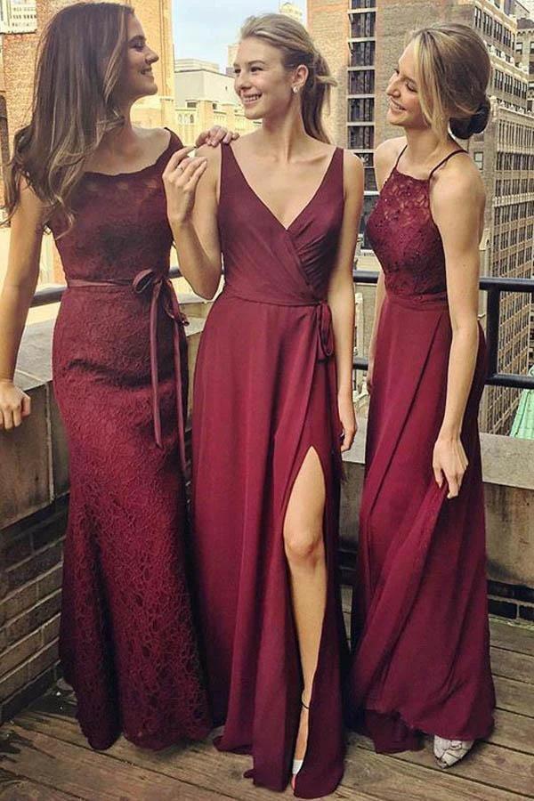 V-Neck Floor-Length Grape Chiffon Bridesmaid Dress wtih Split BD036 - Image 2