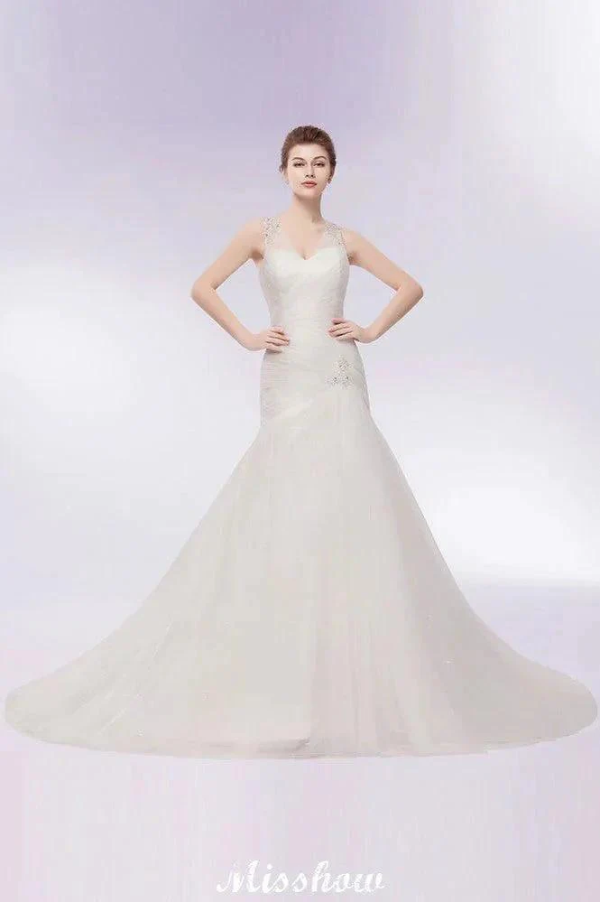V-neck Floor Length Mermaid Crystals Tulle Wedding Dresses - Image 10