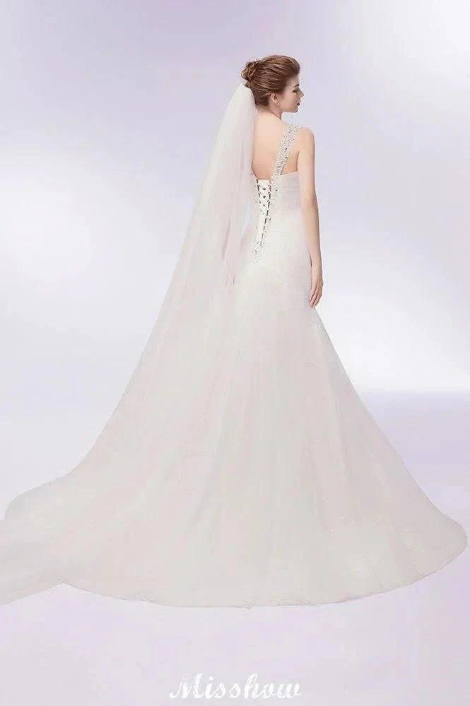 V-neck Floor Length Mermaid Crystals Tulle Wedding Dresses - Image 2