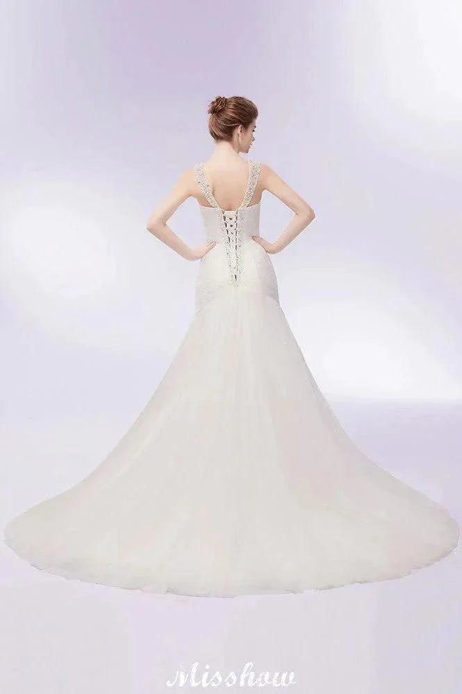 V-neck Floor Length Mermaid Crystals Tulle Wedding Dresses - Image 3