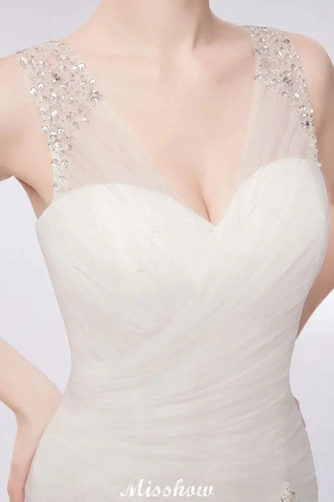 V-neck Floor Length Mermaid Crystals Tulle Wedding Dresses - Image 4