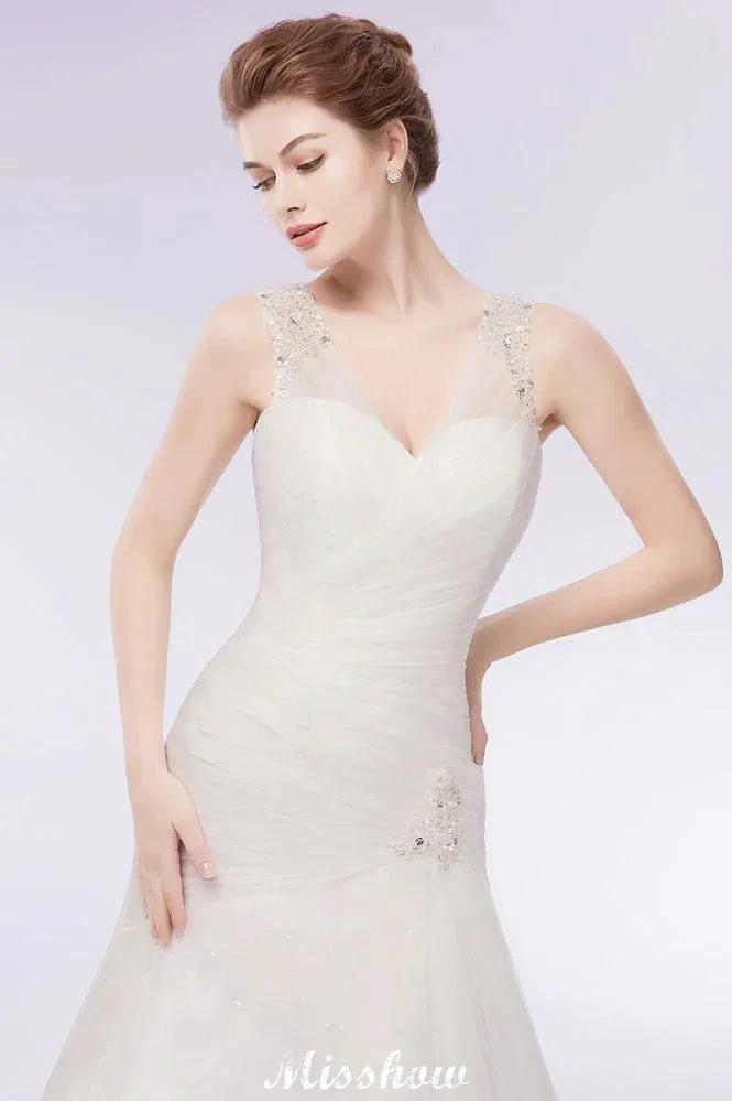 V-neck Floor Length Mermaid Crystals Tulle Wedding Dresses - Image 5