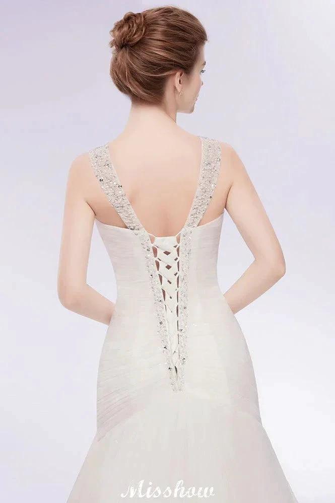 V-neck Floor Length Mermaid Crystals Tulle Wedding Dresses - Image 6