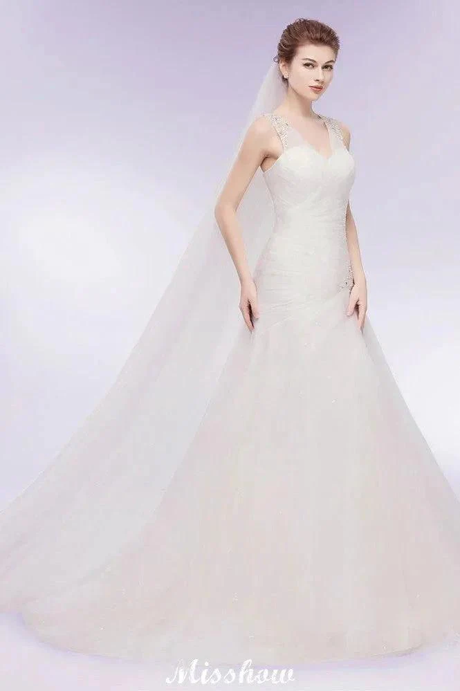 V-neck Floor Length Mermaid Crystals Tulle Wedding Dresses - Image 8