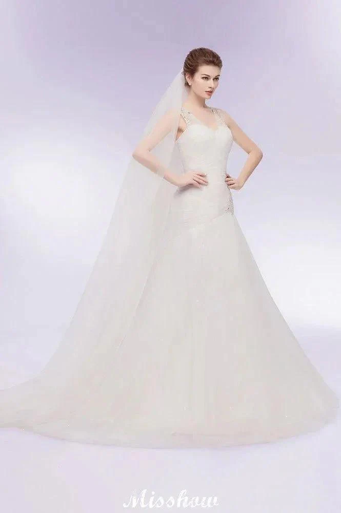 V-neck Floor Length Mermaid Crystals Tulle Wedding Dresses - Image 9