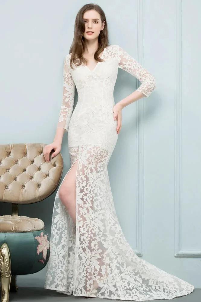 V-neck Floor Length Mermaid Lace Prom Dresses with Sleeves - Image 2