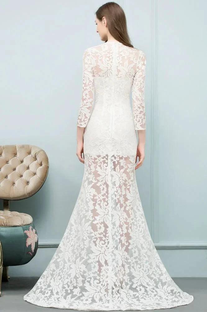 V-neck Floor Length Mermaid Lace Prom Dresses with Sleeves - Image 3