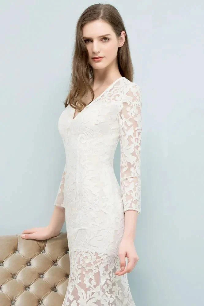 V-neck Floor Length Mermaid Lace Prom Dresses with Sleeves - Image 4