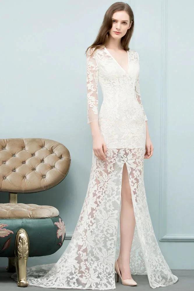 V-neck Floor Length Mermaid Lace Prom Dresses with Sleeves - Image 5