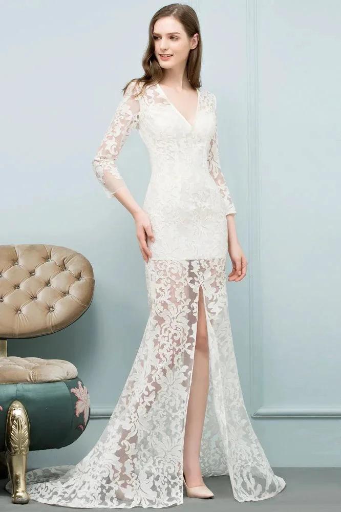 V-neck Floor Length Mermaid Lace Prom Dresses with Sleeves - Image 6