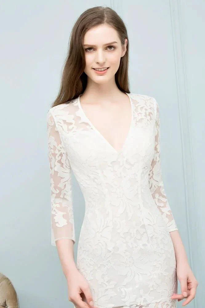 V-neck Floor Length Mermaid Lace Prom Dresses with Sleeves - Image 7