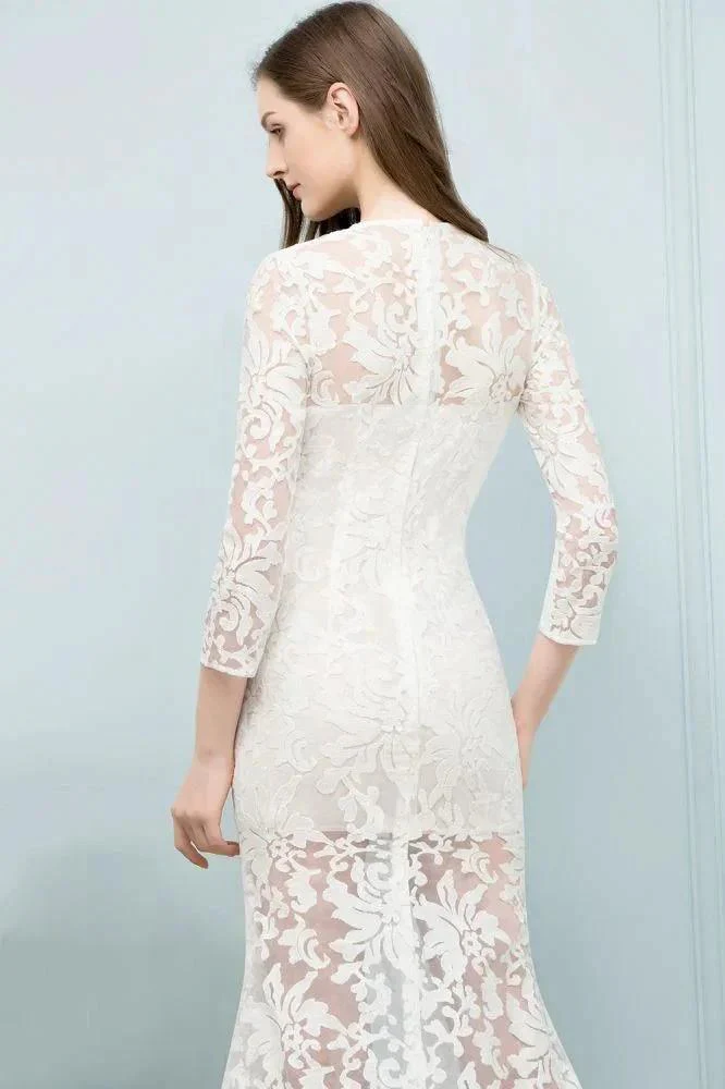 V-neck Floor Length Mermaid Lace Prom Dresses with Sleeves - Image 8