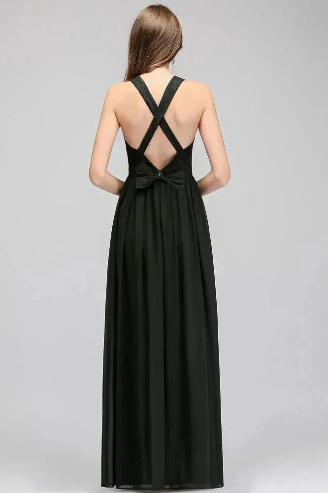 V-neck Floor Length Sleeveless Lace Top Black Bridesmaid Dress - Image 2