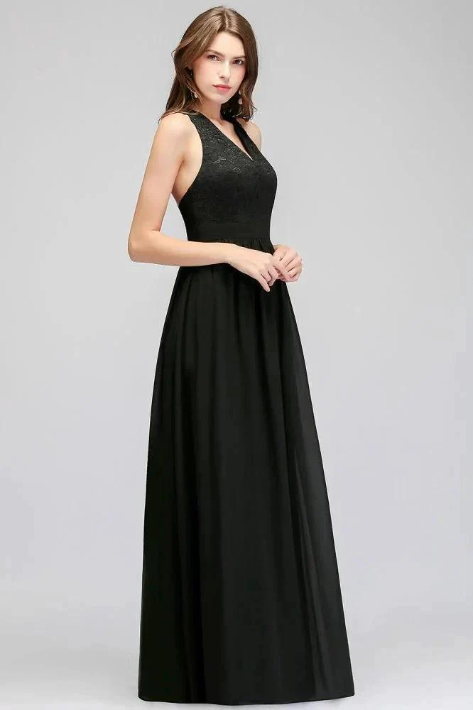 V-neck Floor Length Sleeveless Lace Top Black Bridesmaid Dress - Image 3