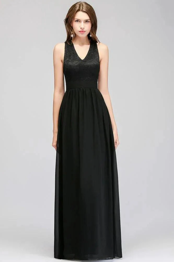 V-neck Floor Length Sleeveless Lace Top Black Bridesmaid Dress - Image 4