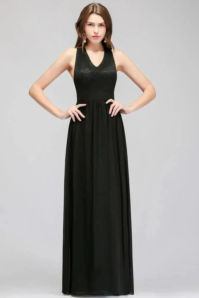 V-neck Floor Length Sleeveless Lace Top Black Bridesmaid Dress - Image 5