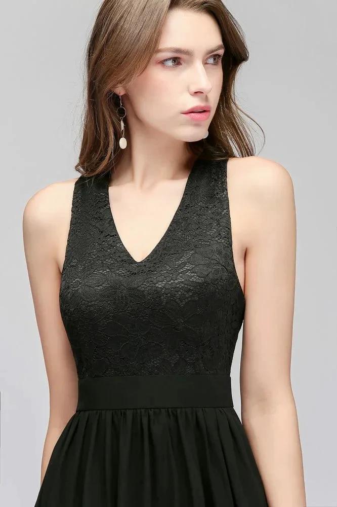 V-neck Floor Length Sleeveless Lace Top Black Bridesmaid Dress - Image 6