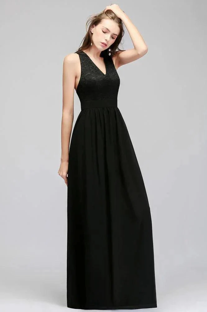 V-neck Floor Length Sleeveless Lace Top Black Bridesmaid Dress - Image 7