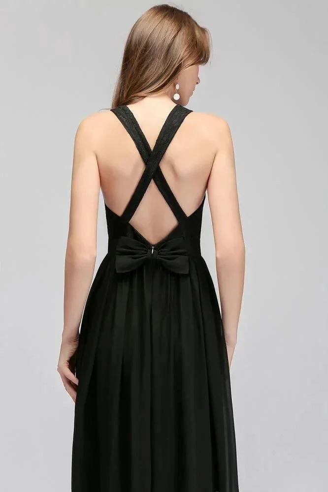 V-neck Floor Length Sleeveless Lace Top Black Bridesmaid Dress - Image 8