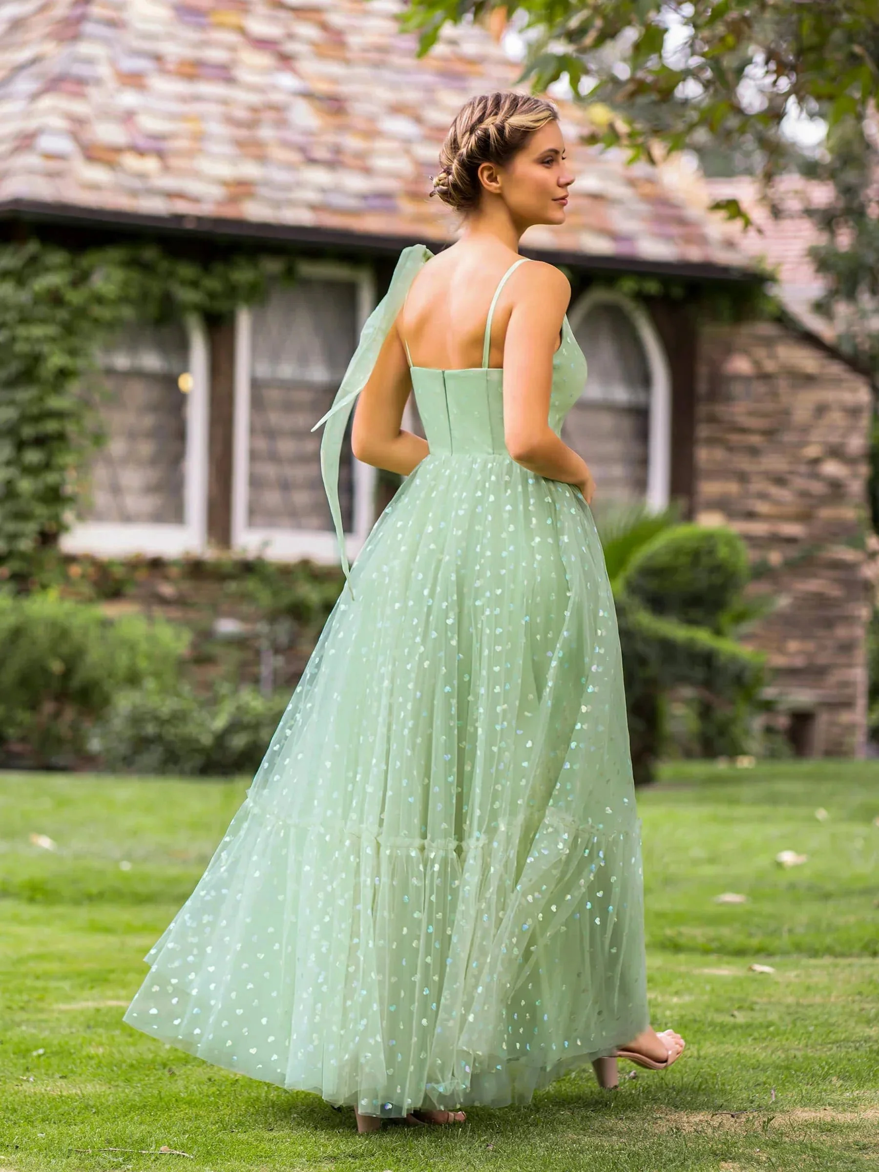 V-neck Dotted Floor Length Tulle Prom Dress - Image 2