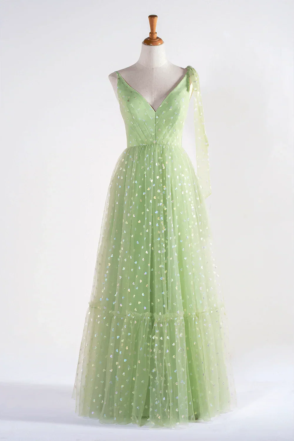 V-neck Dotted Floor Length Tulle Prom Dress - Image 3