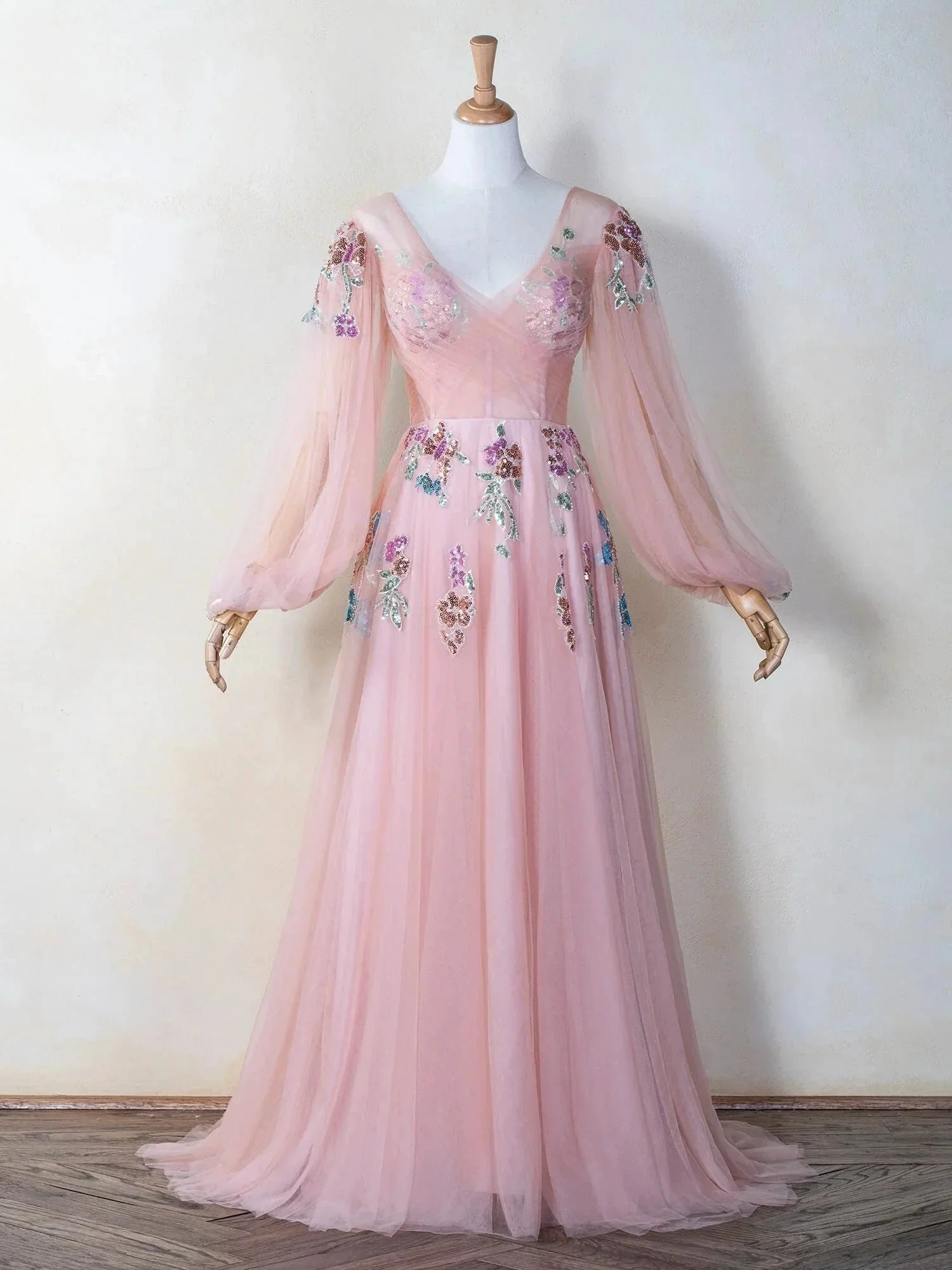 V-neck Embroidery Sequin Floor Length Tulle Prom Dress - Image 3
