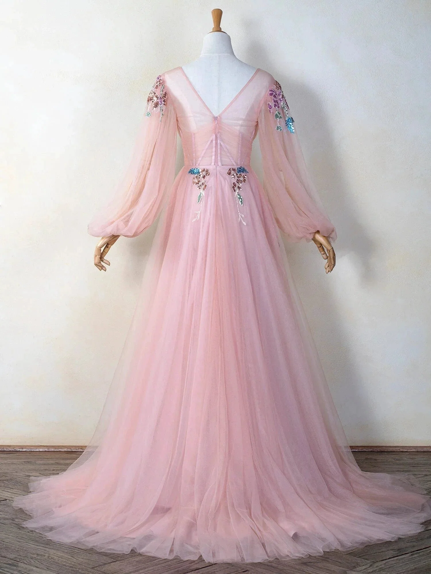 V-neck Embroidery Sequin Floor Length Tulle Prom Dress - Image 4