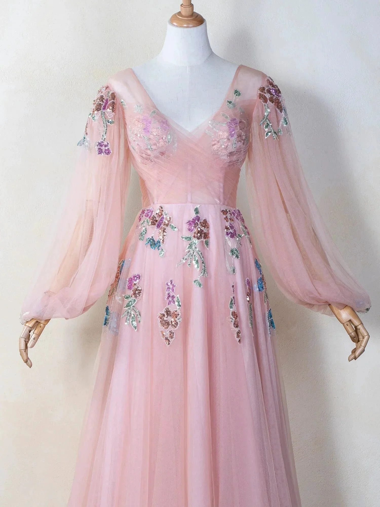 V-neck Embroidery Sequin Floor Length Tulle Prom Dress - Image 5