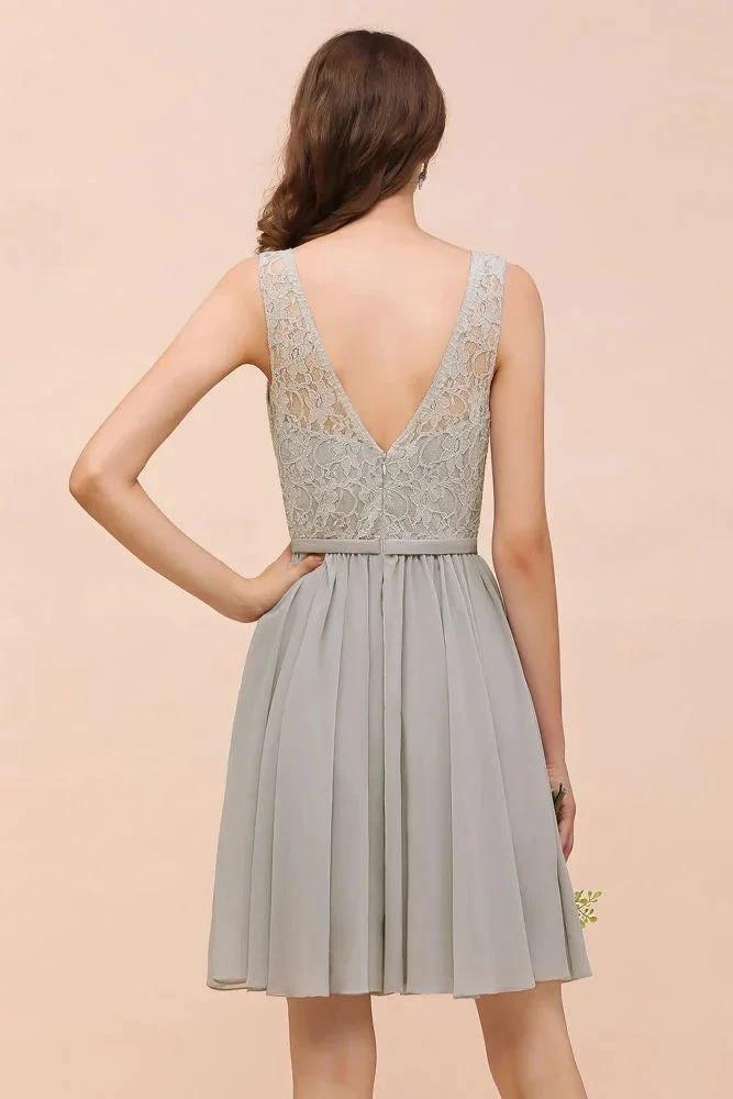 V-Neck Floral Lace Mini Homecoking Dress Grey Simple Chiffon Bridesmaid Dress Party Dress - Image 2