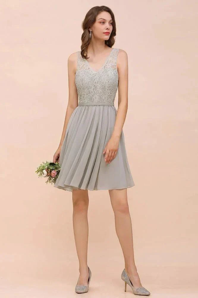 V-Neck Floral Lace Mini Homecoking Dress Grey Simple Chiffon Bridesmaid Dress Party Dress - Image 3