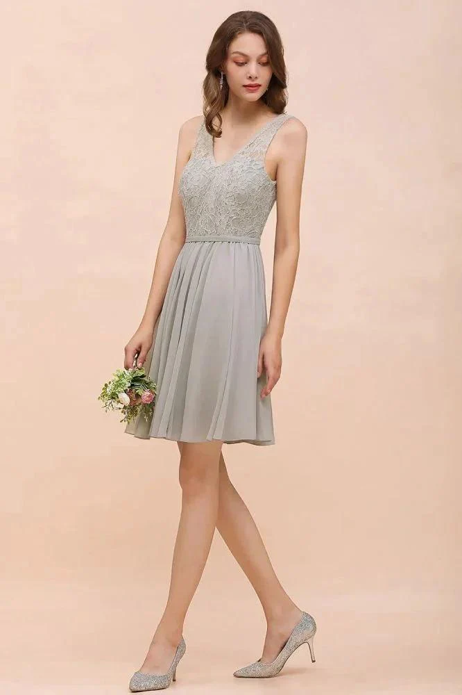 V-Neck Floral Lace Mini Homecoking Dress Grey Simple Chiffon Bridesmaid Dress Party Dress - Image 4