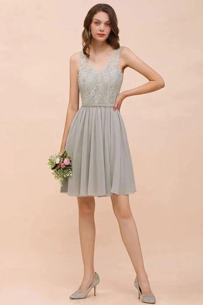 V-Neck Floral Lace Mini Homecoking Dress Grey Simple Chiffon Bridesmaid Dress Party Dress - Image 5