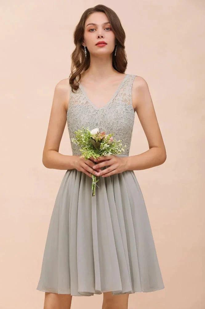 V-Neck Floral Lace Mini Homecoking Dress Grey Simple Chiffon Bridesmaid Dress Party Dress - Image 6