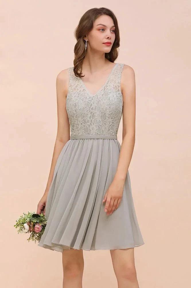 V-Neck Floral Lace Mini Homecoking Dress Grey Simple Chiffon Bridesmaid Dress Party Dress - Image 7