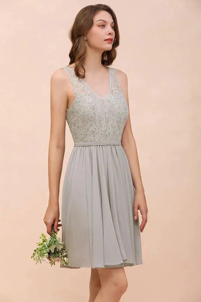 V-Neck Floral Lace Mini Homecoking Dress Grey Simple Chiffon Bridesmaid Dress Party Dress - Image 8
