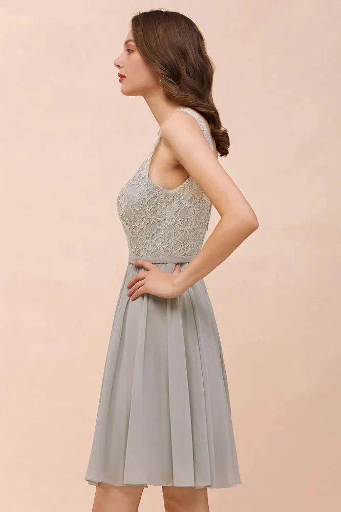 V-Neck Floral Lace Mini Homecoking Dress Grey Simple Chiffon Bridesmaid Dress Party Dress - Image 9