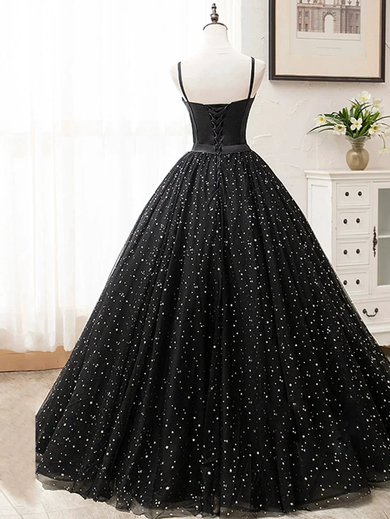 V Neck Glitter Black Long Prom Dress - Image 2