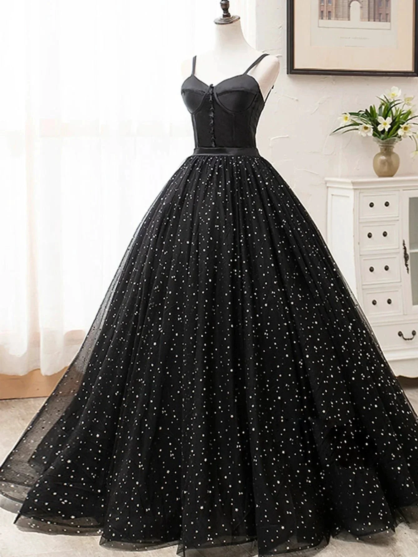 V Neck Glitter Black Long Prom Dress - Image 3