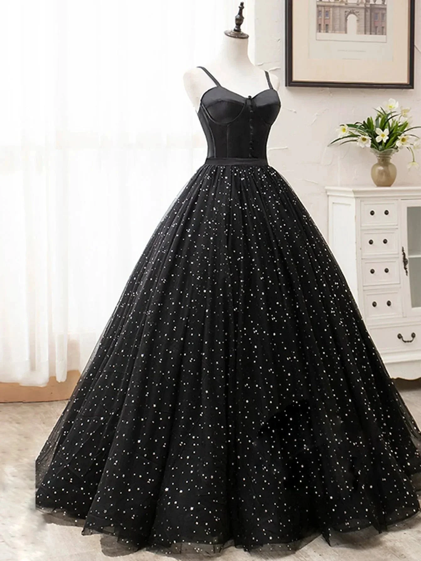 V Neck Glitter Black Long Prom Dress - Image 4