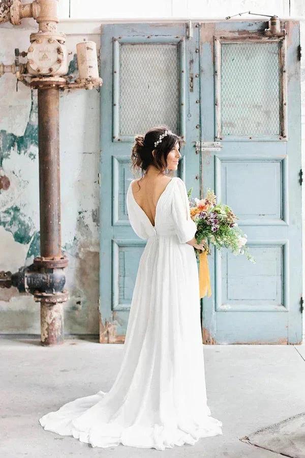 V-neck Half-sleeve Empire Simple Chiffon Casual Wedding Dress WD711 - Image 2