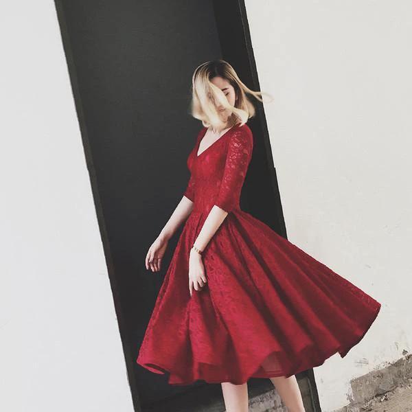 V Neck Half Sleeves Burgundy Lace Homecoming Dress Short Prom Dress PG104 - Image 2