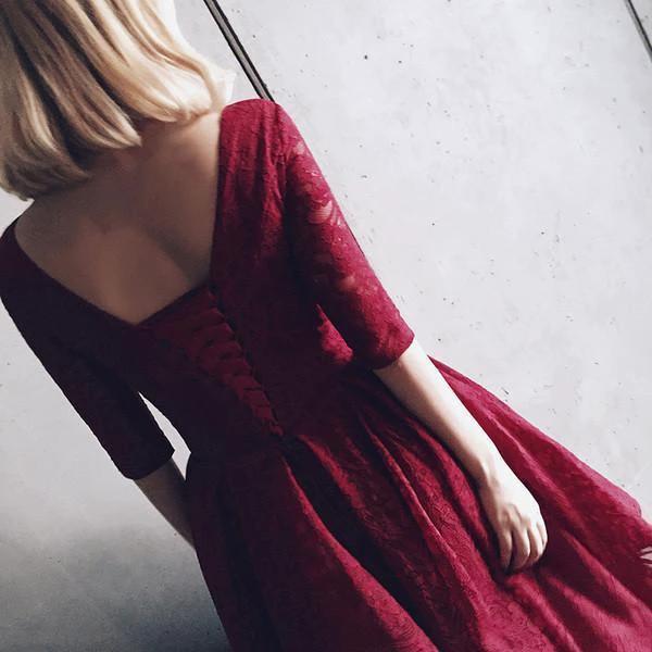 V Neck Half Sleeves Burgundy Lace Homecoming Dress Short Prom Dress PG104 - Image 3