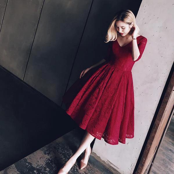 V Neck Half Sleeves Burgundy Lace Homecoming Dress Short Prom Dress PG104 - Image 4