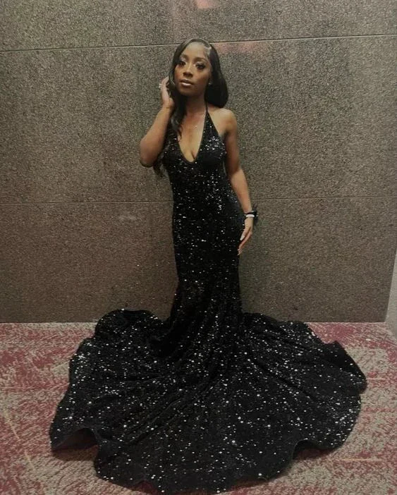 V-Neck Halter Backless Sequins Mermaid Long Prom Evening Dress With Sweep Train Y5939 - Image 2