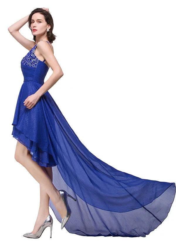 V-Neck Hi-lo A-line One-shoulder Ruffle Blue Chiffon Prom Dresses - Image 3