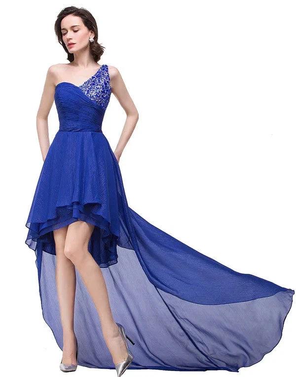 V-Neck Hi-lo A-line One-shoulder Ruffle Blue Chiffon Prom Dresses - Image 4