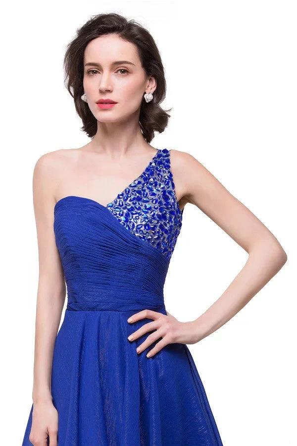 V-Neck Hi-lo A-line One-shoulder Ruffle Blue Chiffon Prom Dresses - Image 5