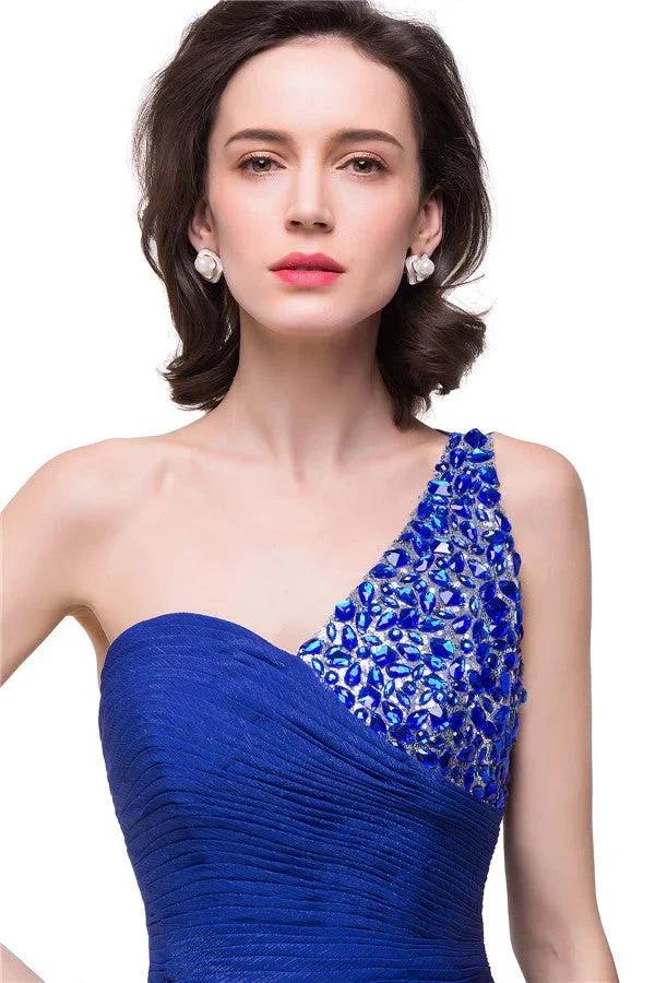 V-Neck Hi-lo A-line One-shoulder Ruffle Blue Chiffon Prom Dresses - Image 6