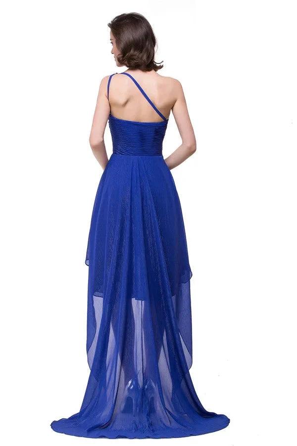 V-Neck Hi-lo A-line One-shoulder Ruffle Blue Chiffon Prom Dresses - Image 7
