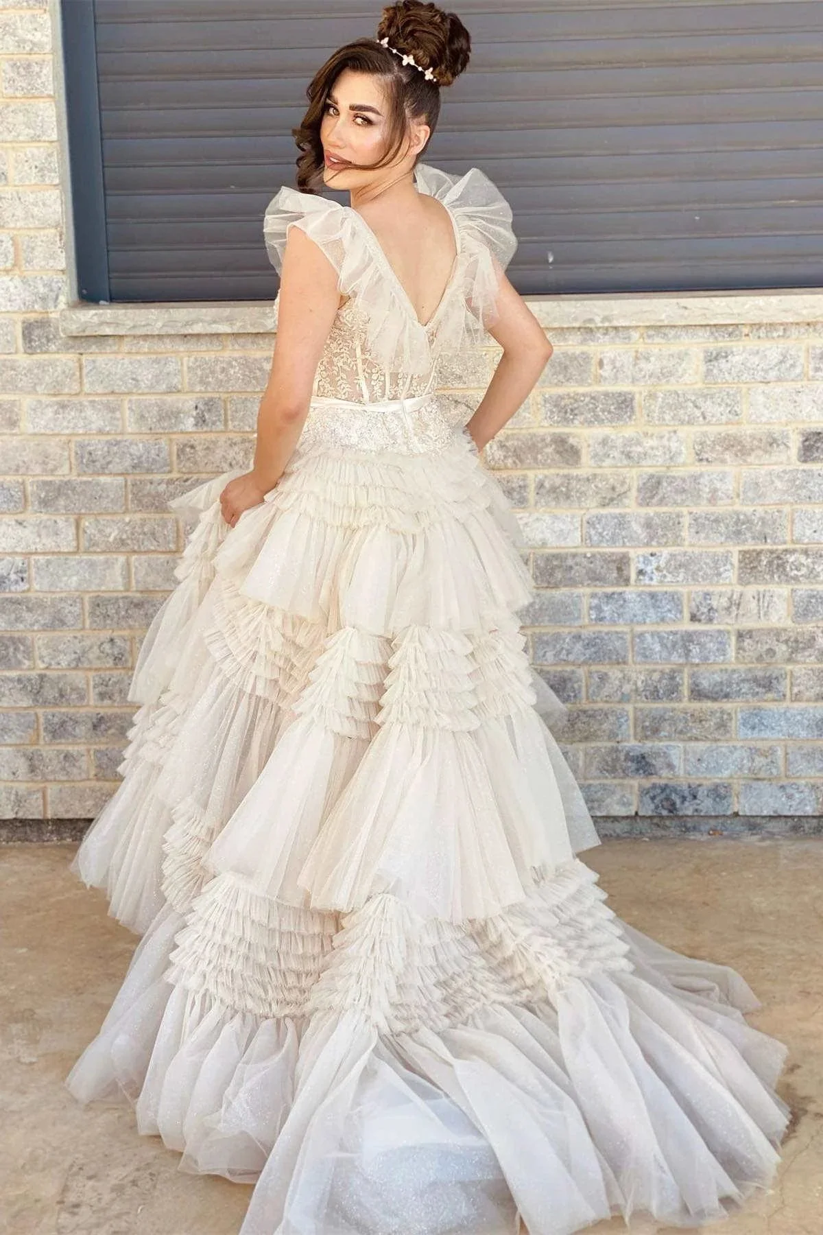 Whitney | V-Neck Ivory Appliques Tiered Tulle Prom Dress with Flying Sleeves - Image 3